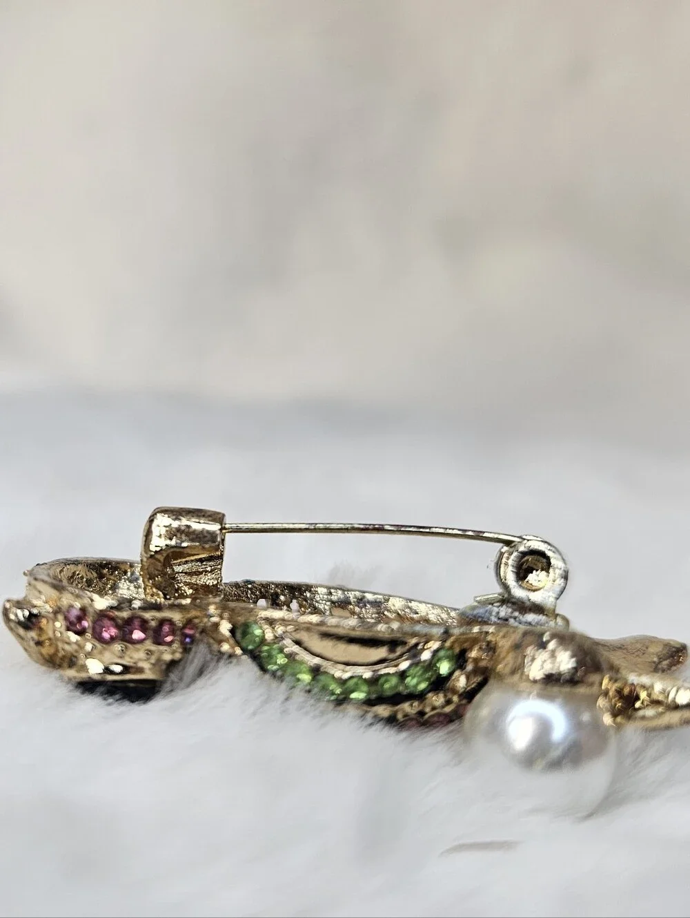 Gold-Tone Multicolor Crystal Owl Brooch with Pearl Accent